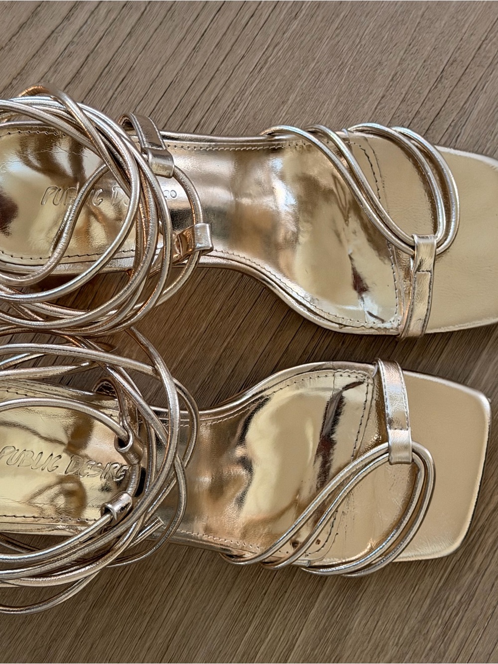 Gold Strappy Block Heel Sandals with Ankle Wrap Worn once - Picture 7 of 8